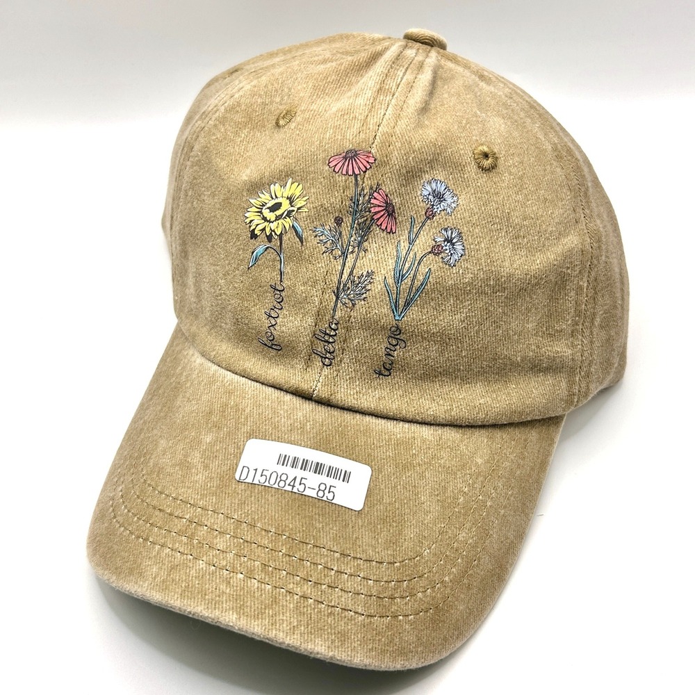Foxtrot Delta Tango Floral Hat Women OS Tan Corduroy Sunflower Baseball Cap